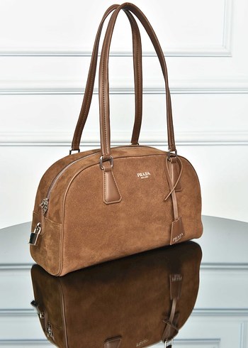 PRADA - Parada Bowling Medium Bag Bej Süet Kadın Çanta - Görsel 2