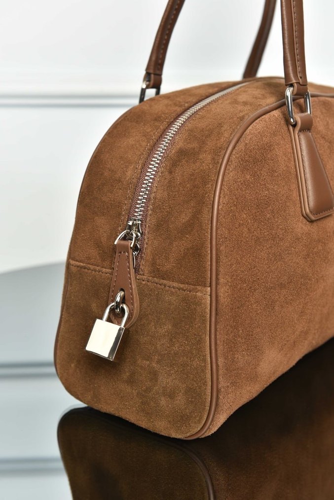 PRADA - Parada Bowling Medium Bag Bej Süet Kadın Çanta - Görsel 4