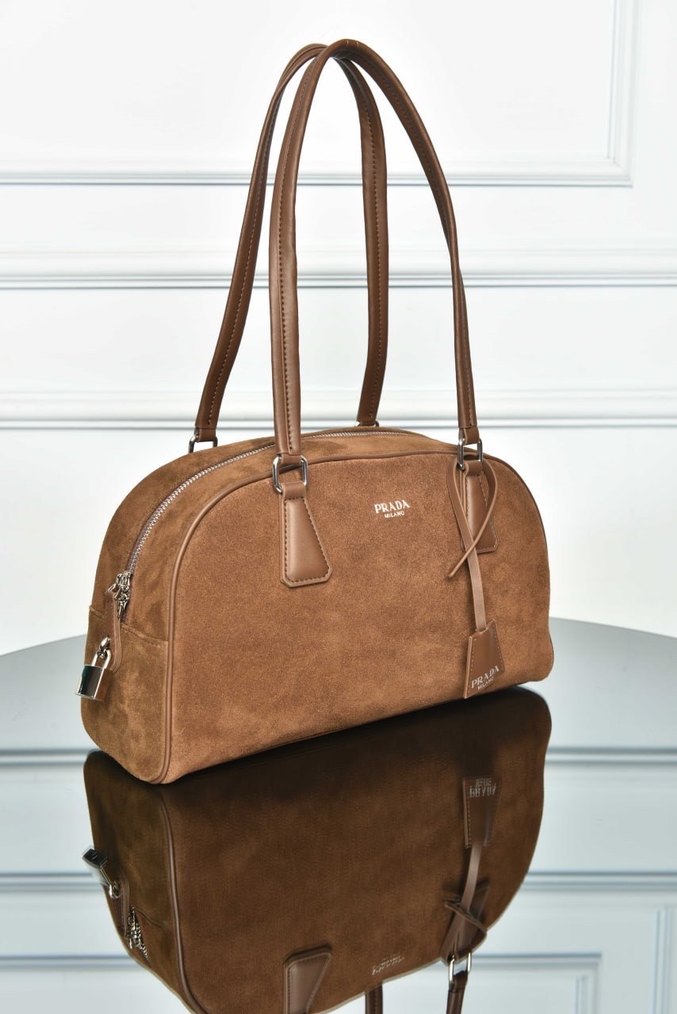 PRADA - Parada Bowling Medium Bag Bej Süet Kadın Çanta - Görsel 2