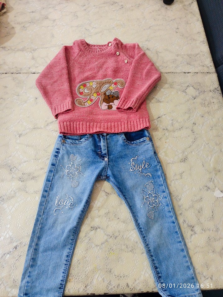 Pembe Nakışlı Örgü Bebek Kız Takımı - Görsel 2