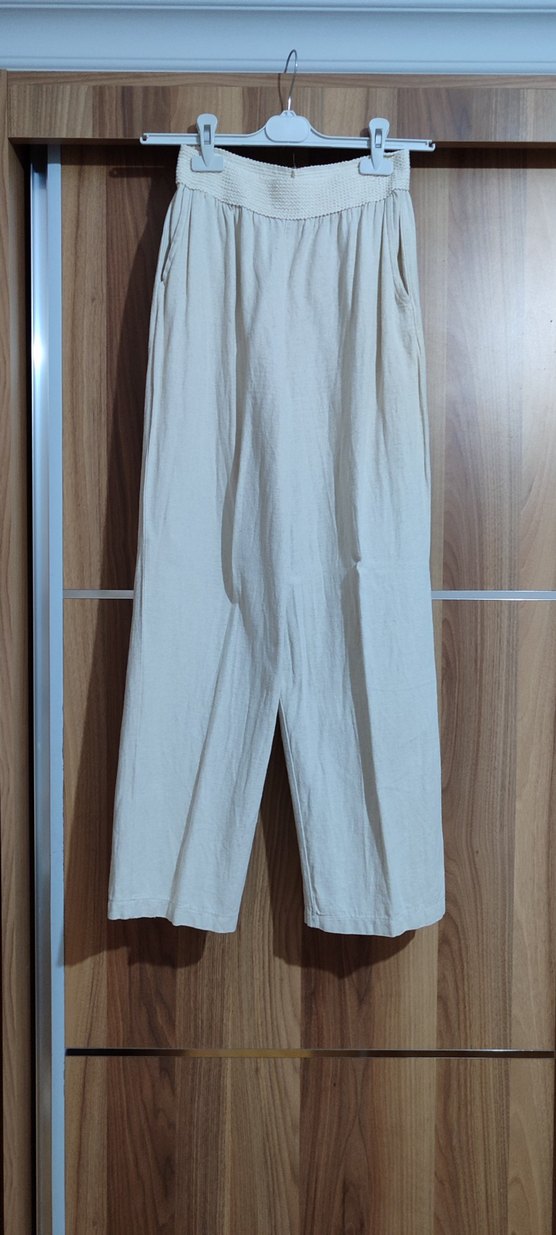 Bej Keten Pilili Kadın Pantolon - Görsel 2