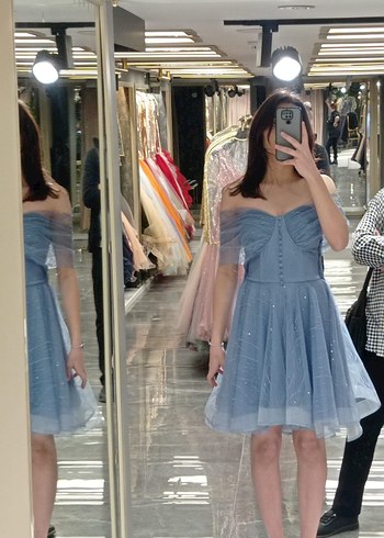 Mavi Straplez Midi Abiye Elbise ilmio marka