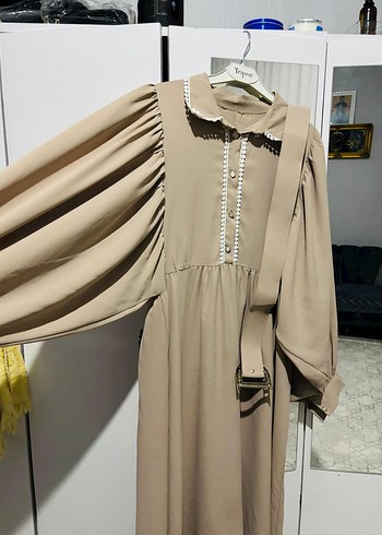 Bej Uzun Kollu Kemerli Elbise - Görsel 2