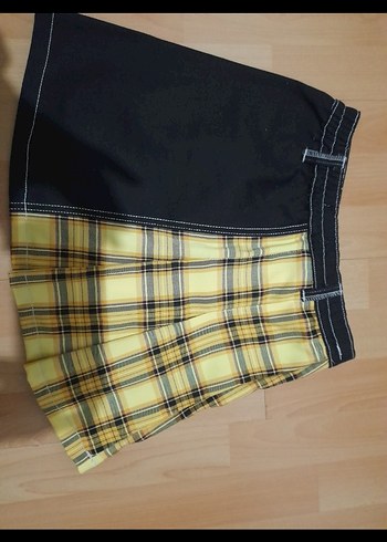 xs Beden sarı Renk Sarı Ekose Pileli Mini Etek