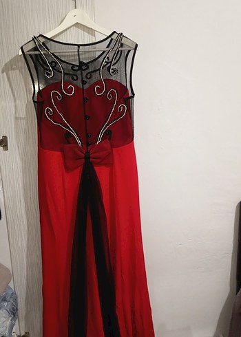 Taş Detaylı Kırmızı Uzun Abiye Elbise - Görsel 3