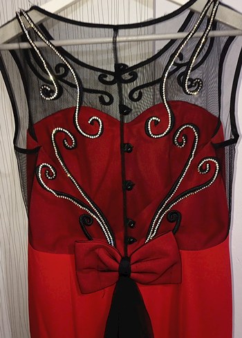 Taş Detaylı Kırmızı Uzun Abiye Elbise - Görsel 4