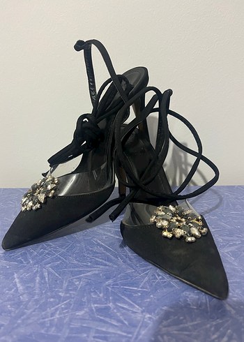 39 Beden siyah Renk Siyah İşlemeli Stiletto Topuklu Kadın Ayakkabı