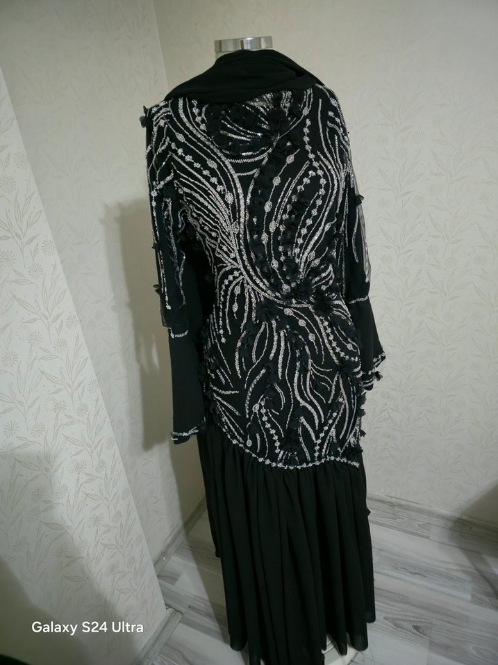 Nakışlı Siyah Uzun Kadın Elbise - Görsel 3