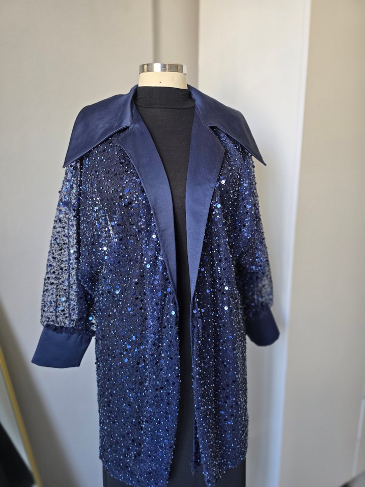 Parlak Mavi Uzun Kumaş pullu Ceket - Görsel 3