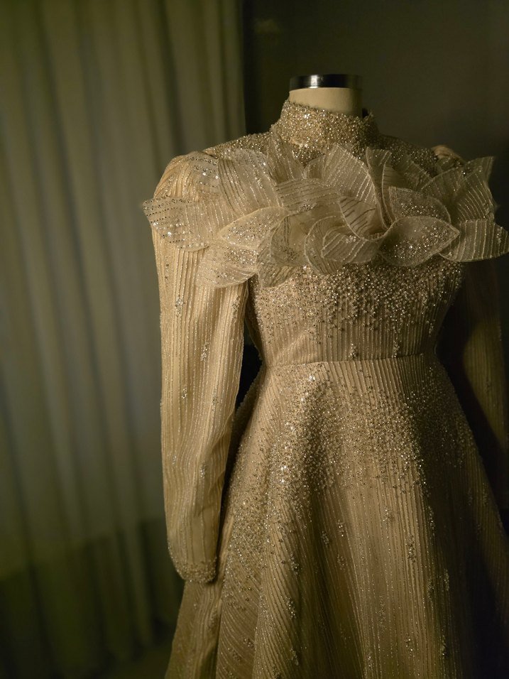 Uzun Kollu Nakışlı Vintage Bej Nişan Elbisesi - Görsel 2