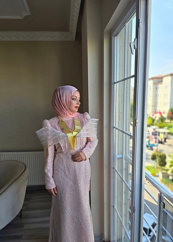 Pembe Uzun Kol Drapeli Kadın Hint Elbisesi