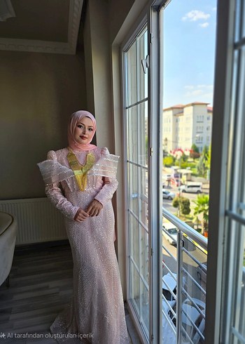 Abiye Pembe Uzun Kol Drapeli Kadın Hint Elbisesi
