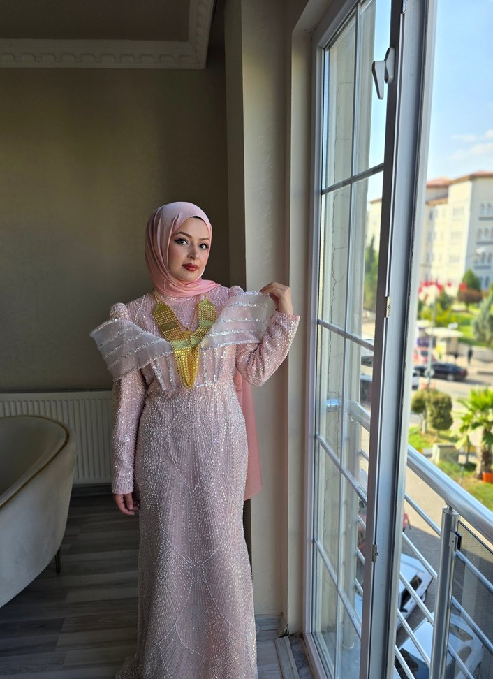 Pembe Uzun Kol Drapeli Kadın Hint Elbisesi - Görsel 3