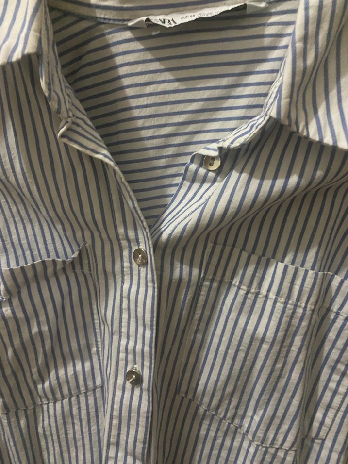 Mavi Çizgili  crop Gömlek - Görsel 2