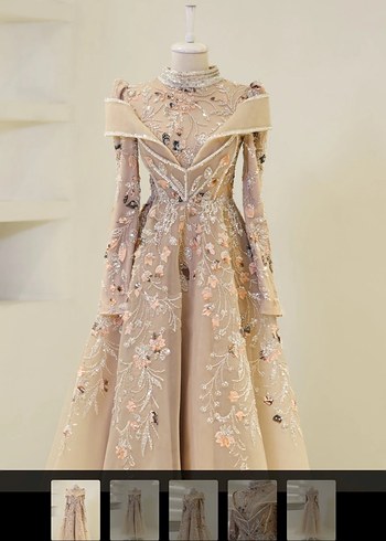 Bej nakışlı tesettür nişanlık abiye - Görsel 3