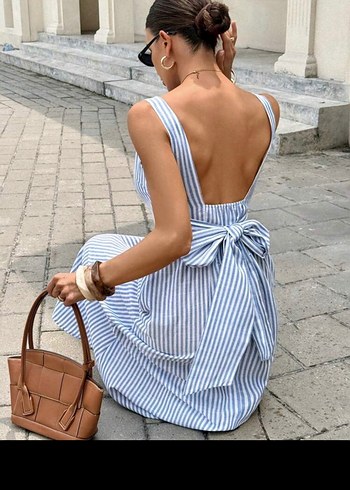 Sheinside Mavi Çizgili Uzun Askılı Elbise