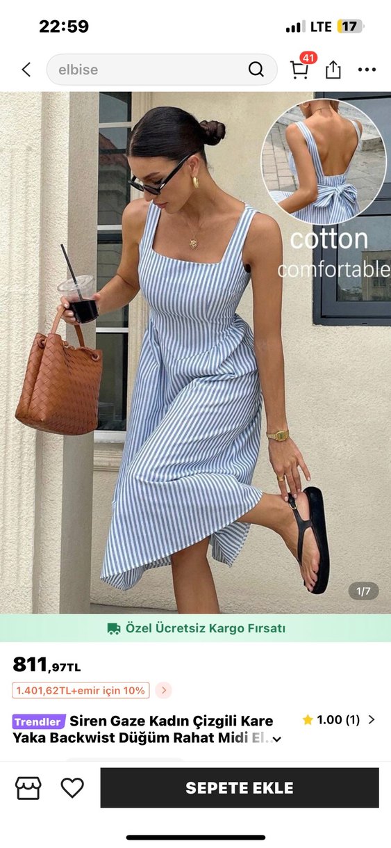 Mavi Çizgili Uzun Askılı Elbise - Görsel 3