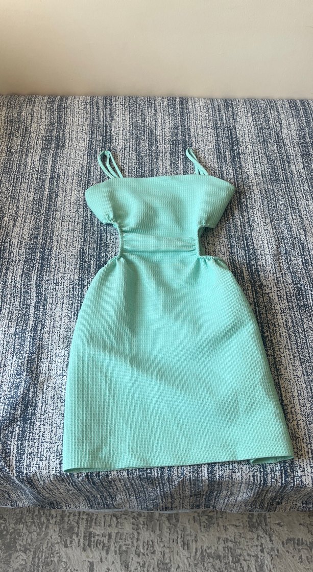 Turkuaz simli Askılı Midi Triko Elbise - Görsel 3