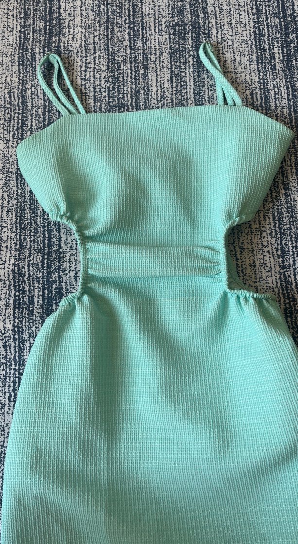 Turkuaz simli Askılı Midi Triko Elbise - Görsel 2