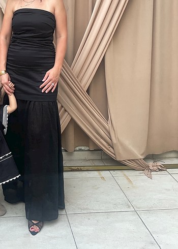 Siyah Drapeli Straplez Uzun Elbise - Görsel 2