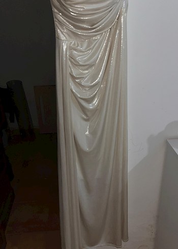 Beyaz Drapeli Uzun Straplez Abiye Elbise - Görsel 6