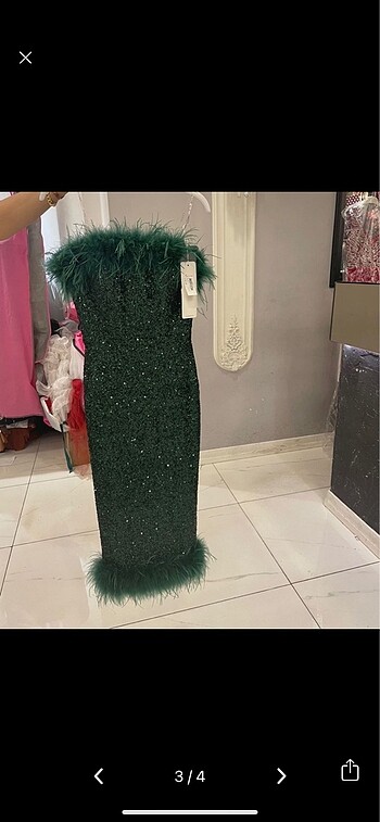 s Beden Zümrüt yeşili otrişli elbise