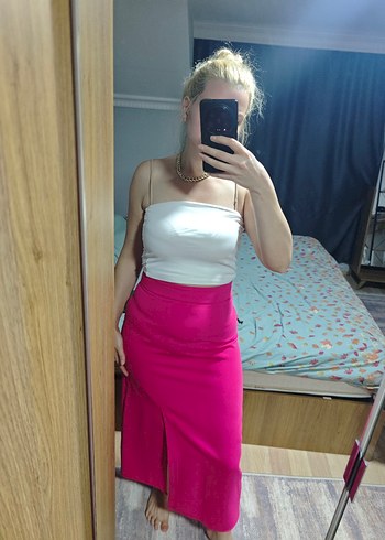 m Beden Pembe Yırtmaçlı Midi Kadın Etek