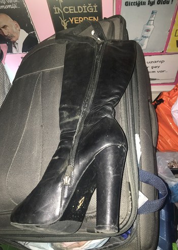 36 Beden Siyah Deri Dizüstü Stiletto Topuklu Bot