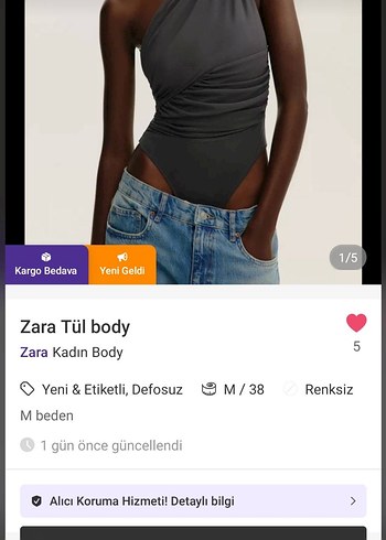 Zara Gri Tül Body V Yakalı
