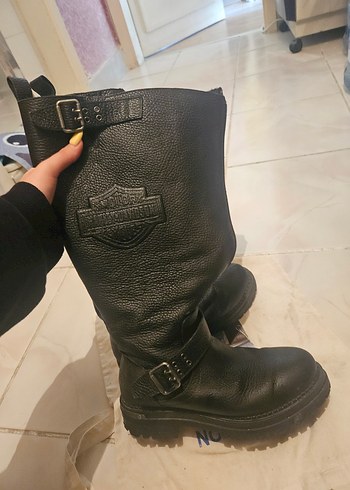 harley davidson Siyah Deri Biker Bot, Tokalı, Yüksek Topuklu - Görsel 6