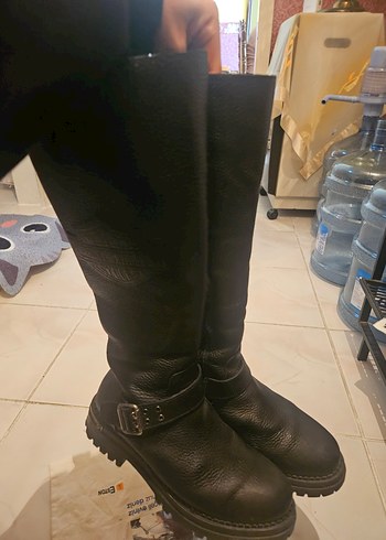 harley davidson Siyah Deri Biker Bot, Tokalı, Yüksek Topuklu - Görsel 5