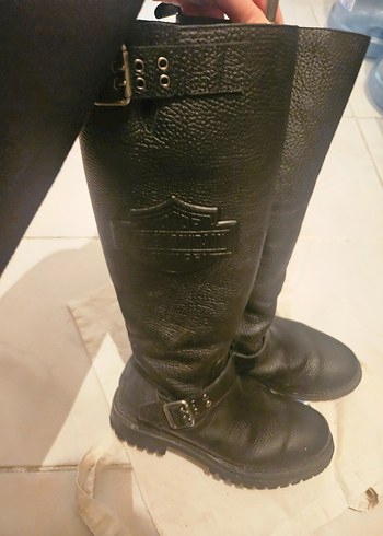 harley davidson Siyah Deri Biker Bot, Tokalı, Yüksek Topuklu - Görsel 7