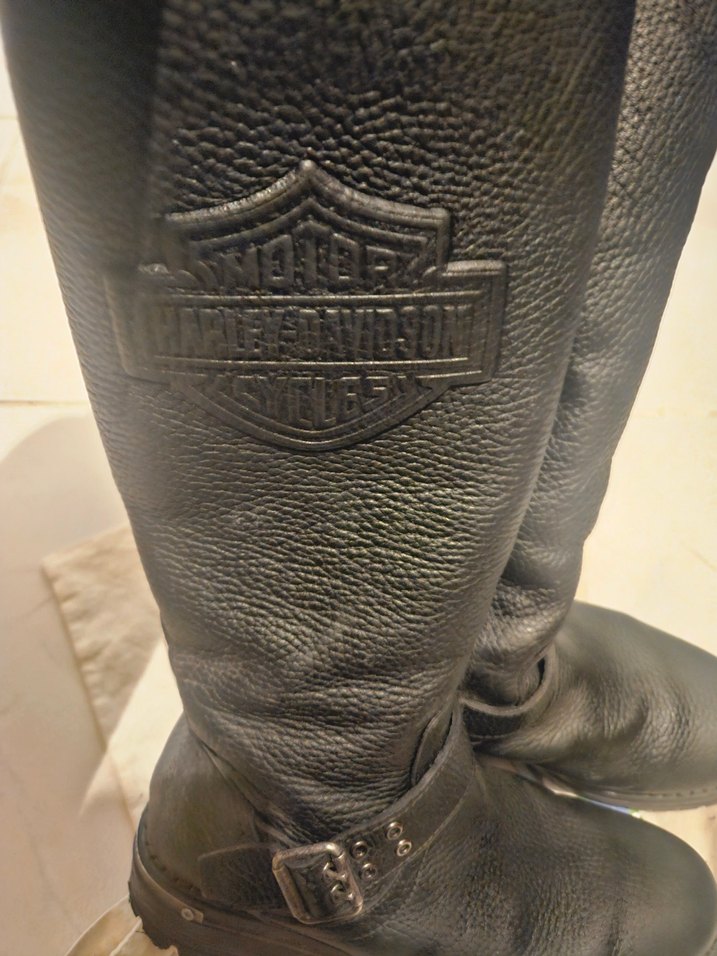 harley davidson Siyah Deri Biker Bot, Tokalı, Yüksek Topuklu - Görsel 2