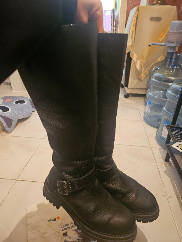 harley davidson Siyah Deri Biker Bot, Tokalı, Yüksek Topuklu - Görsel 5