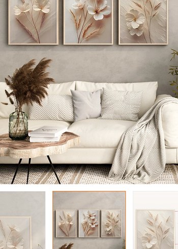 Beyaz Çiçekli 3 Parça Tablo Seti - Görsel 2