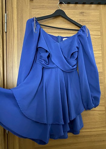 Mavi Mini Drapeli Uzun Kollu Kadın Elbise - Görsel 2