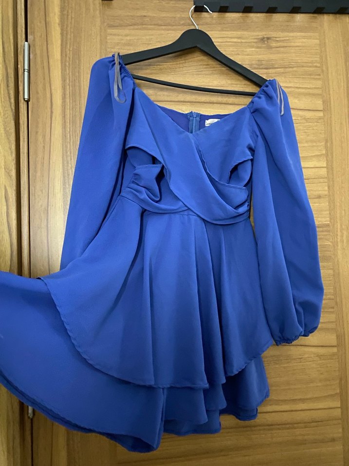 Mavi Mini Drapeli Uzun Kollu Kadın Elbise - Görsel 2