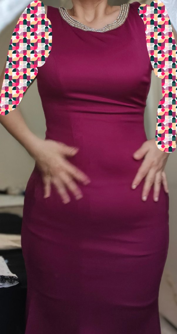 Bordo V Yaka Drapeli Midi Elbise - Görsel 2