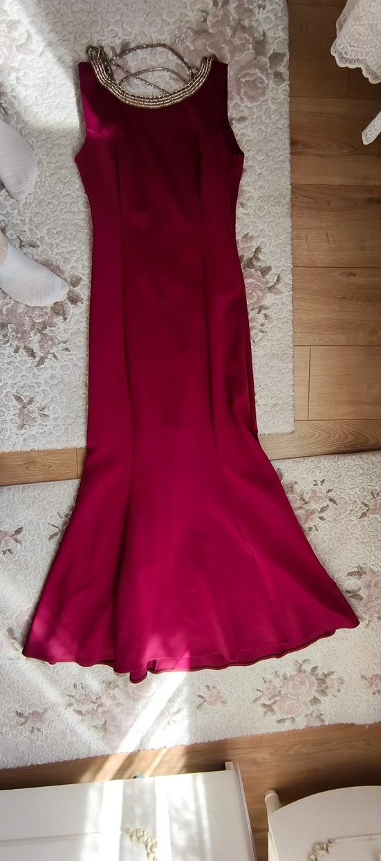 Bordo V Yaka Drapeli Midi Elbise - Görsel 3