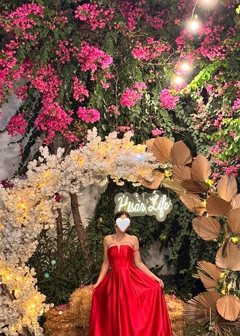 Kırmızı Drapeli Straplez Uzun Abiye Elbise - Görsel 2