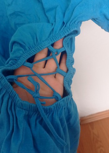 Mavi Bağcıklı Hamile Kısa Kollu Keten Elbise - Görsel 4