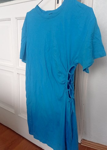 Mavi Bağcıklı Hamile Kısa Kollu Keten Elbise - Görsel 5