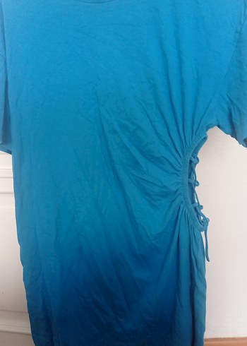 Mavi Bağcıklı Hamile Kısa Kollu Keten Elbise - Görsel 2