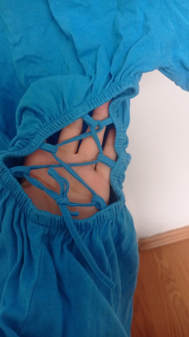 Mavi Bağcıklı Hamile Kısa Kollu Keten Elbise - Görsel 4