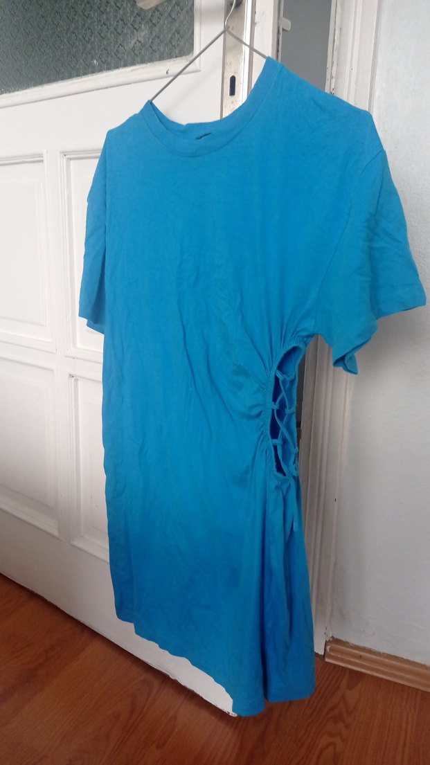 Mavi Bağcıklı Hamile Kısa Kollu Keten Elbise - Görsel 5