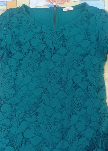 Turkuaz Dantel Detaylı Kadın Triko Bluz - Görsel 3