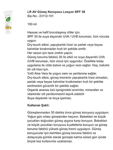 LR HEALTH BEAUTY LR AV Güneş Koruyucu Losyon 30 SPF 100 ml