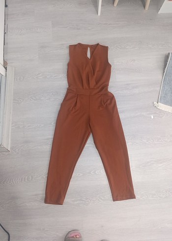 Kadın V Yaka Kemerli Kahverengi Tulum