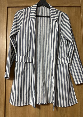 Çizgili Kadın Keten Blazer Ceket