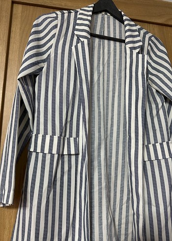 s Beden Çizgili Kadın Keten Blazer Ceket